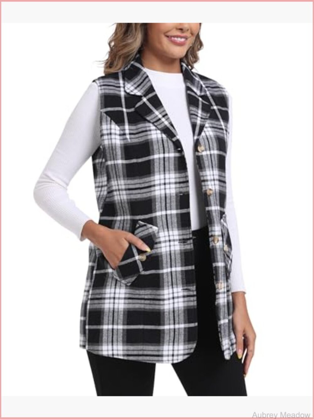 Long Flannel Plaid Vest Sleeveless Button Down Blazer Jacket Cardigan - Picture 3 of 7